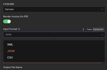 Clique para ampliar Menu suspenso Formato de entrada no n8n Criar Fatura Zugferd mostrando as opções XML, JSON e CSV, com JSON selecionado.
